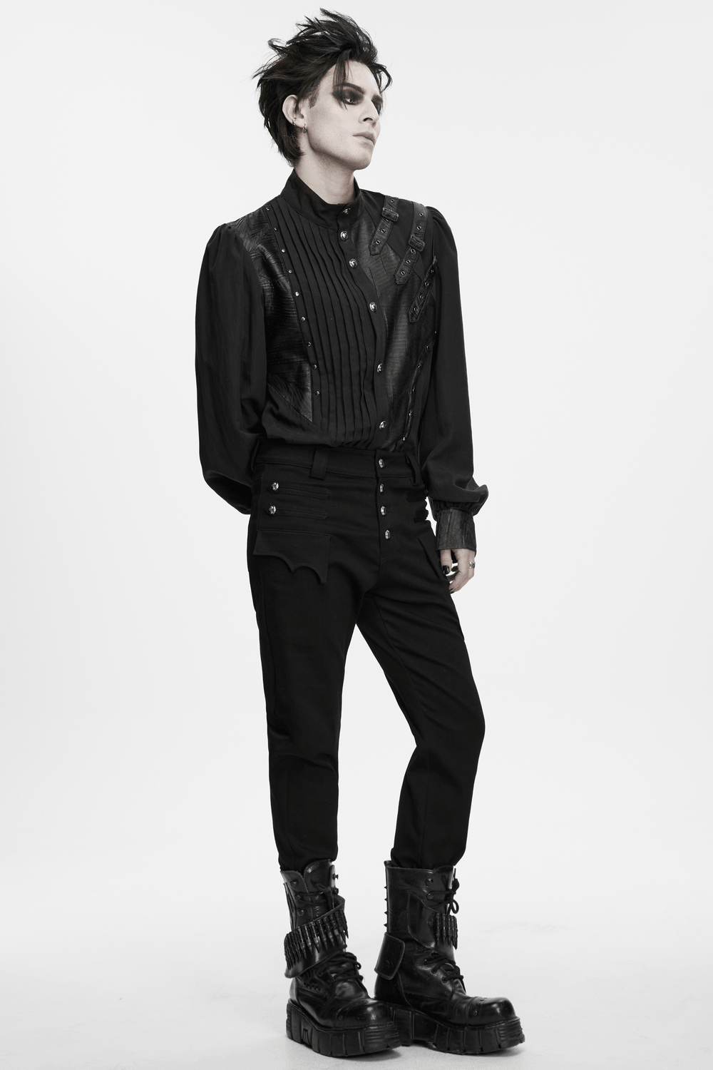 Punk Asymmetrical Shirt with Victorian Pleated Sleeves black gothic poet shirt with rivets, pleats and buckle straps