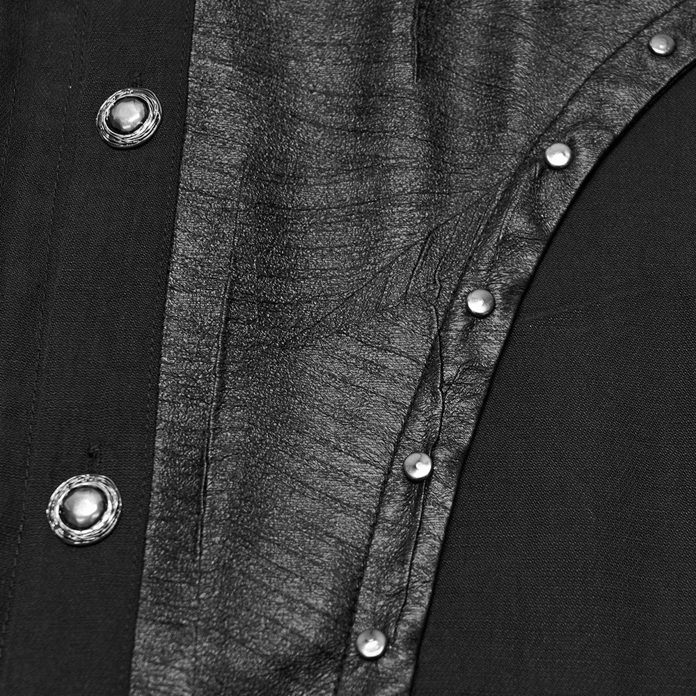 Punk Asymmetrical Shirt with Victorian Pleated Sleeves, black gothic velvet lace-up shirt with rivets and metal buttons