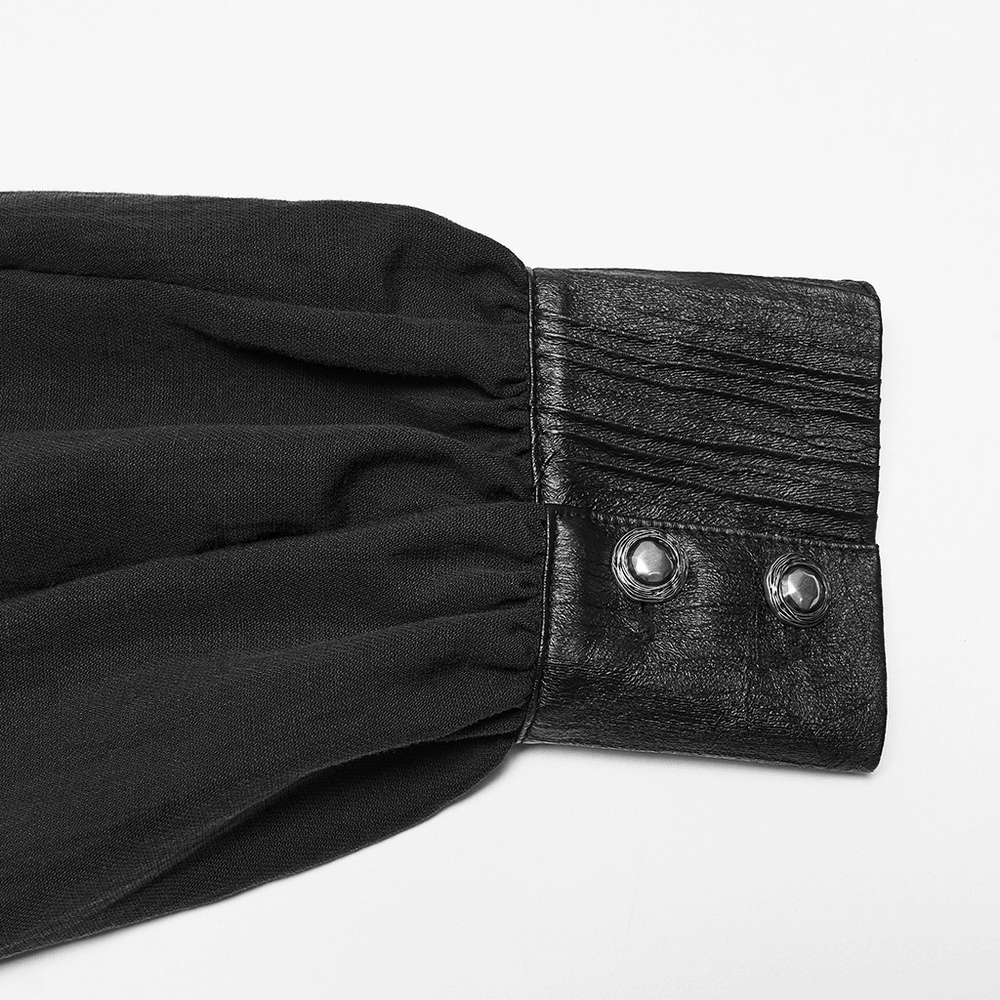 Punk Asymmetrical Shirt with Victorian Pleated Sleeves, black gothic cuff with faux leather and metal buttons