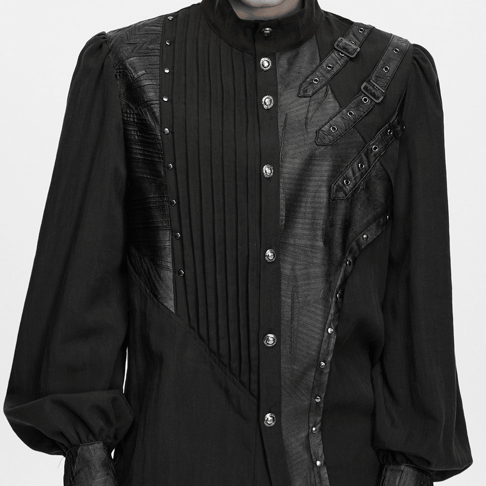 Punk Asymmetrical Shirt with Victorian Pleated Sleeves, black gothic velvet lace-up poet shirt with rivets and buckle straps