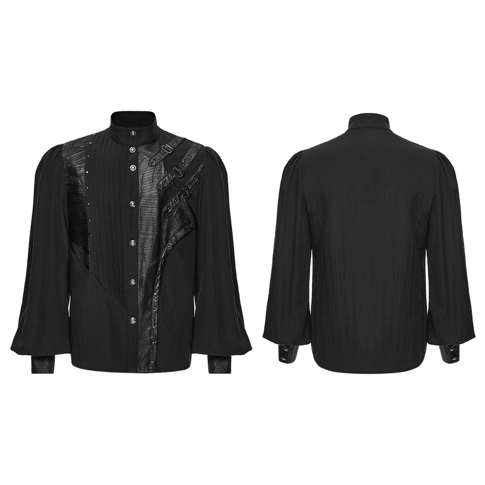 Punk Asymmetrical Shirt with Victorian Pleated Sleeves black gothic poet shirt with lace-up, buckle straps, and pleated panels