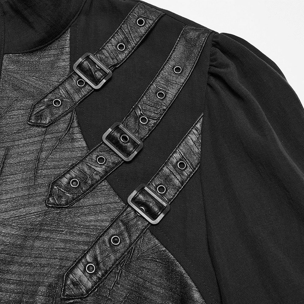 Punk Asymmetrical Shirt with Victorian Pleated Sleeves, black gothic velvet lace-up shirt with buckle straps and rivets