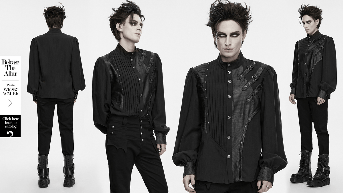 Punk Asymmetrical Shirt with Victorian Pleated Sleeves black gothic poet shirt with rivets, buckles, and lace-up detail