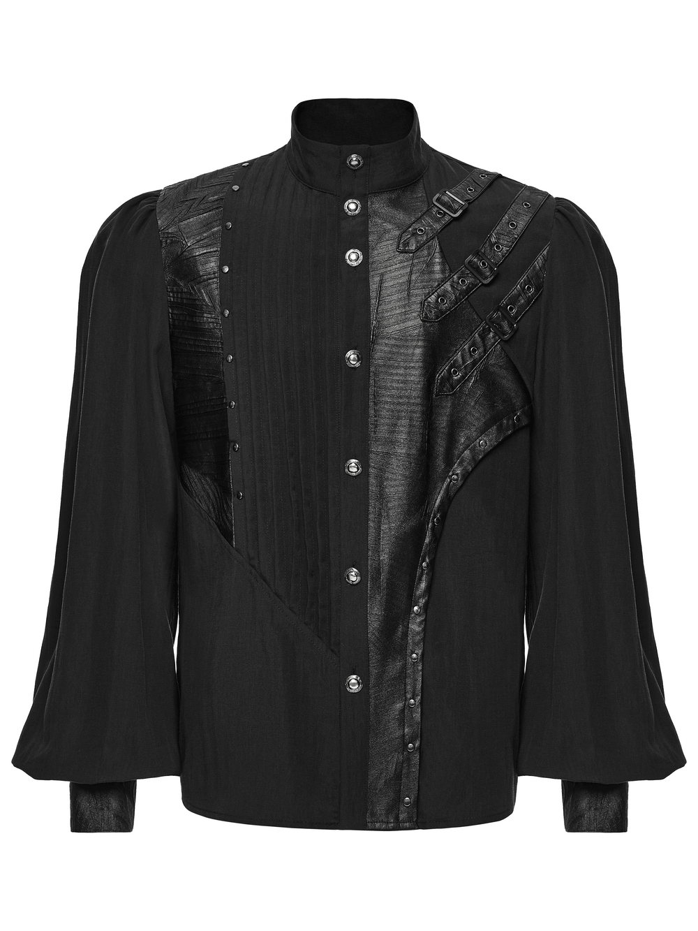 Punk Asymmetrical Shirt with Victorian Pleated Sleeves, black gothic velvet poet shirt with buckle straps and stand collar