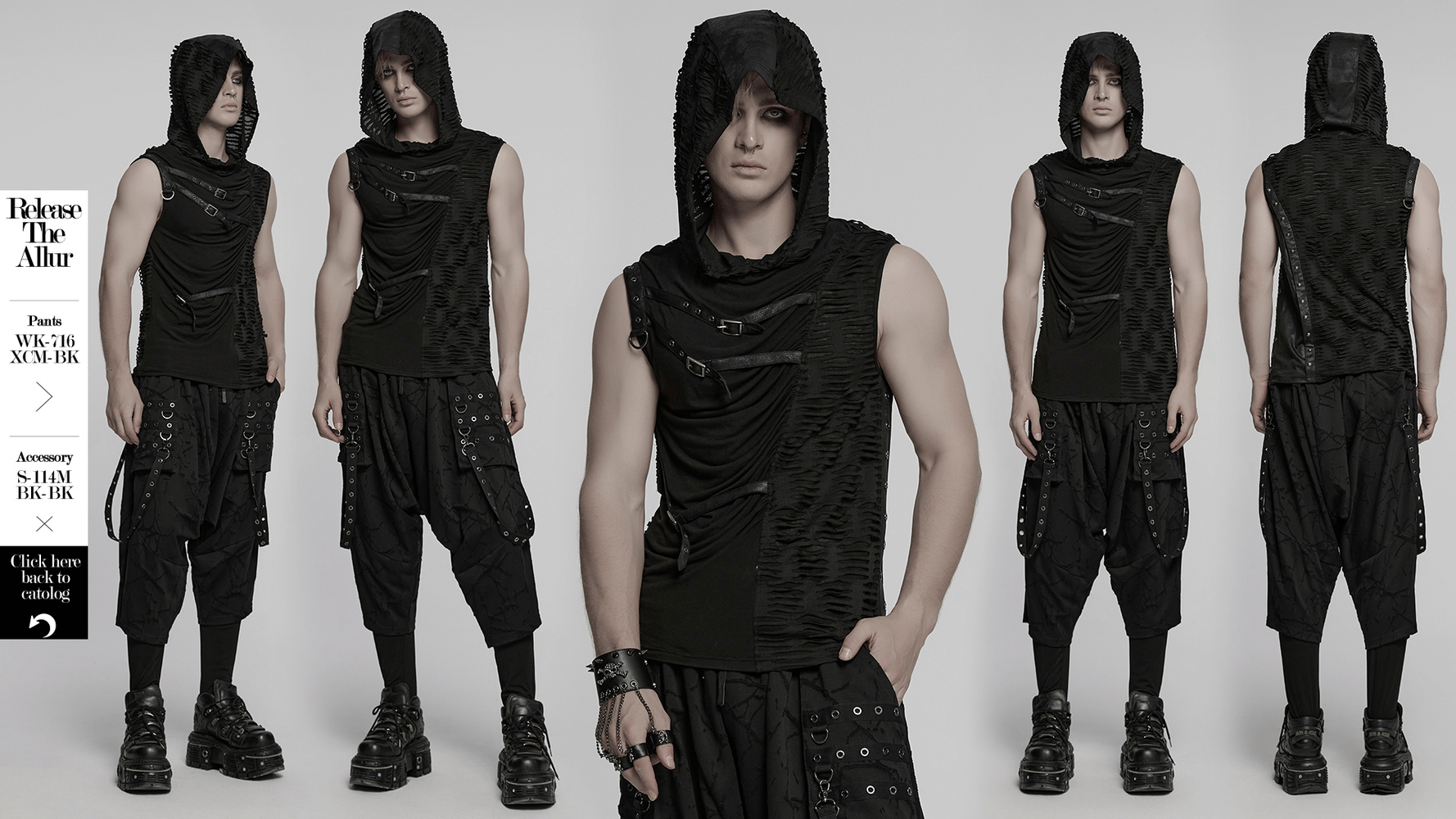 Gothic punk asymmetrical sleeveless hooded top with rivets, featuring stylish draping, pleating, and a modern edge.