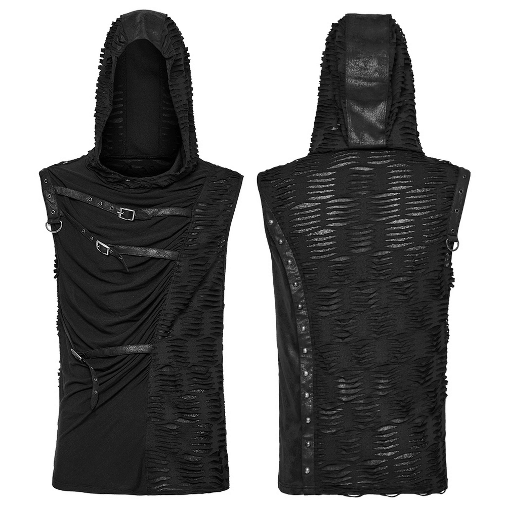 Punk asymmetrical hooded top with rivets, showcasing a tattered knitted design and edgy rubberized leather details.