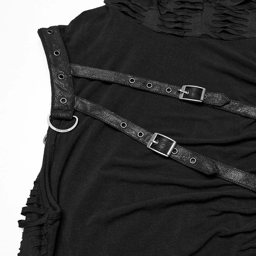 Detailed view of black punk asymmetrical hooded top with rivets and strap design, showcasing edgy fashion details.