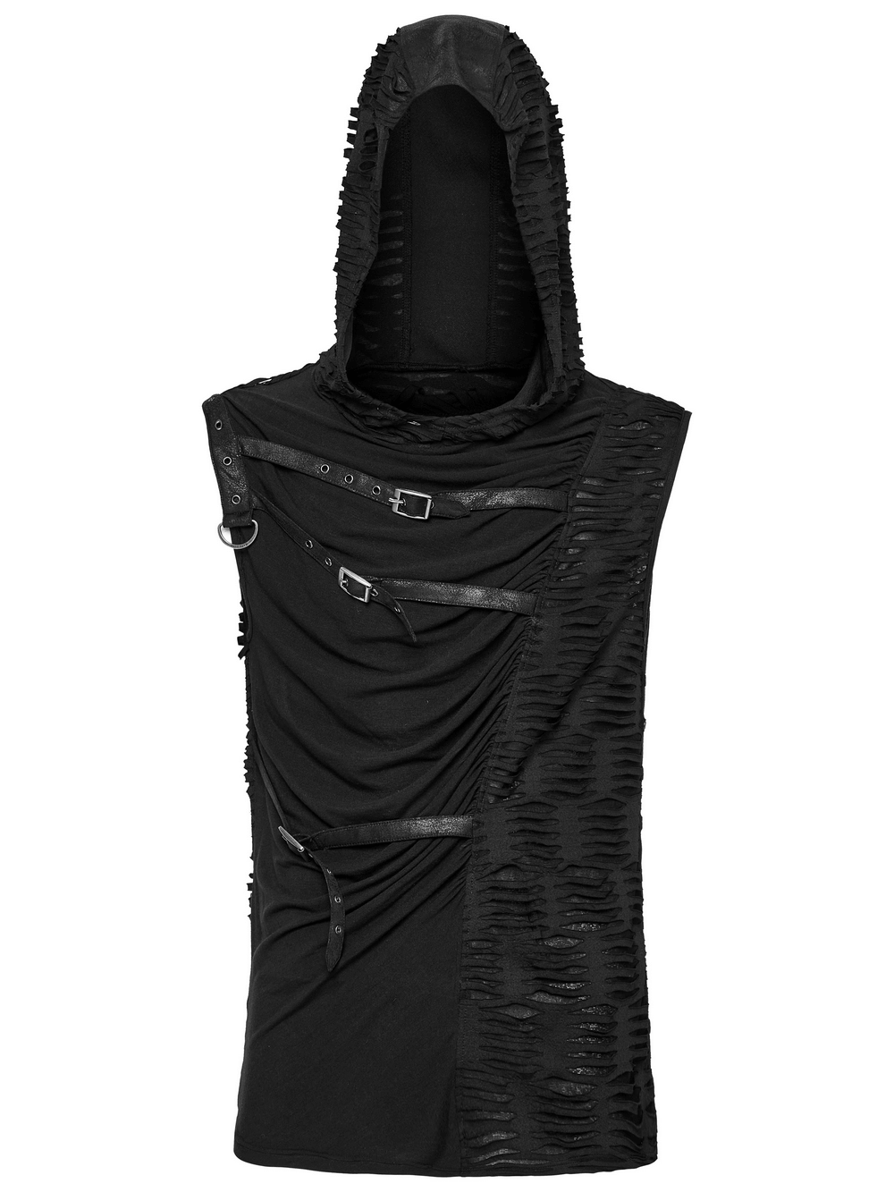 Punk asymmetrical sleeveless hooded top with rivets, combining edgy fabric and modern design for alternative fashion.