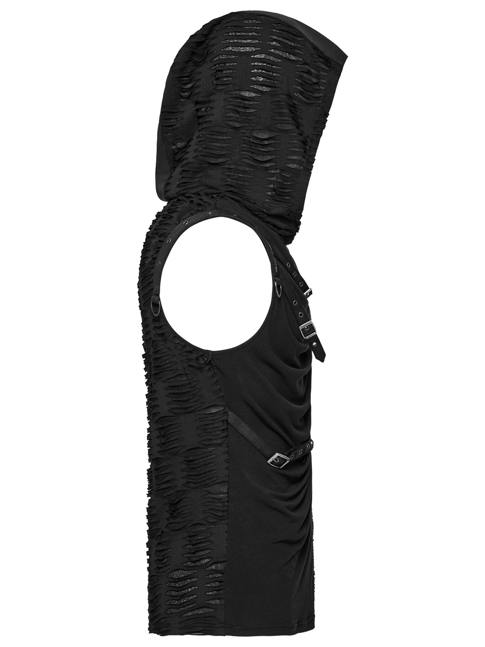 Punk asymmetrical sleeveless hooded top featuring rivets and tattered knitted fabric for edgy streetwear style.