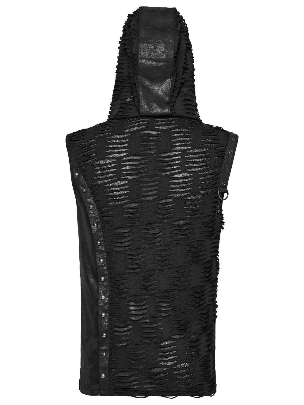 Punk asymmetrical hooded top with rivets, showcasing edgy tattered fabric and striking side design.