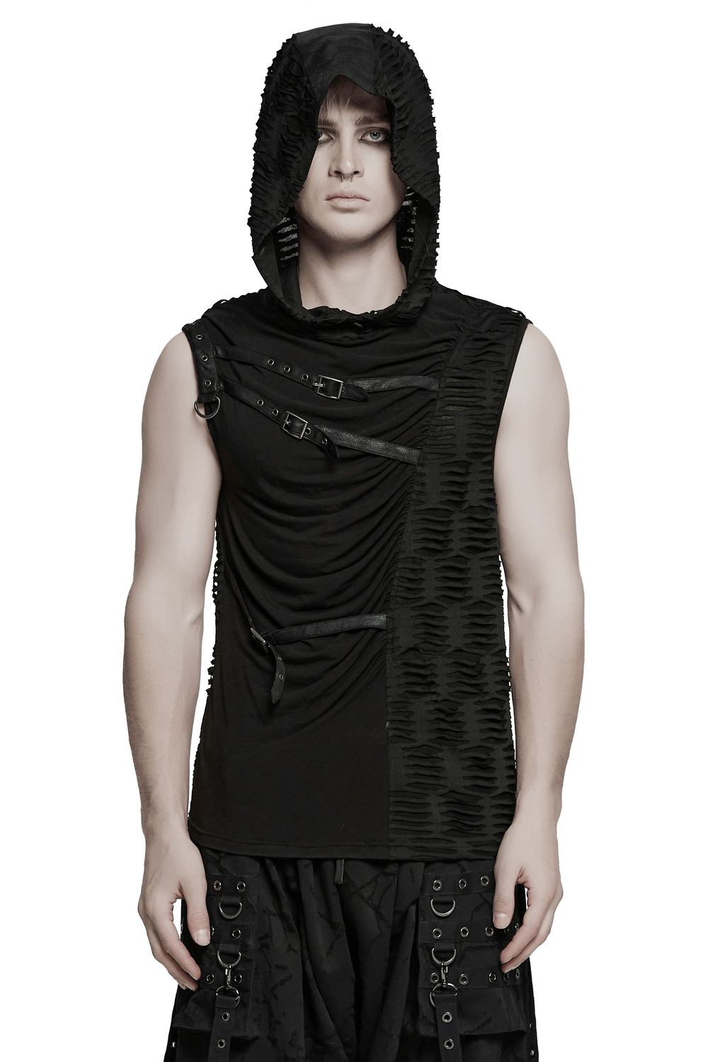Punk asymmetrical sleeveless hooded top with rivets, featuring edgy designs and draping details.