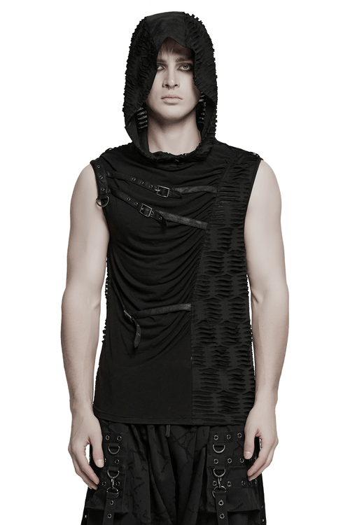 Punk Asymmetrical Splicing Hooded Top with Rivets