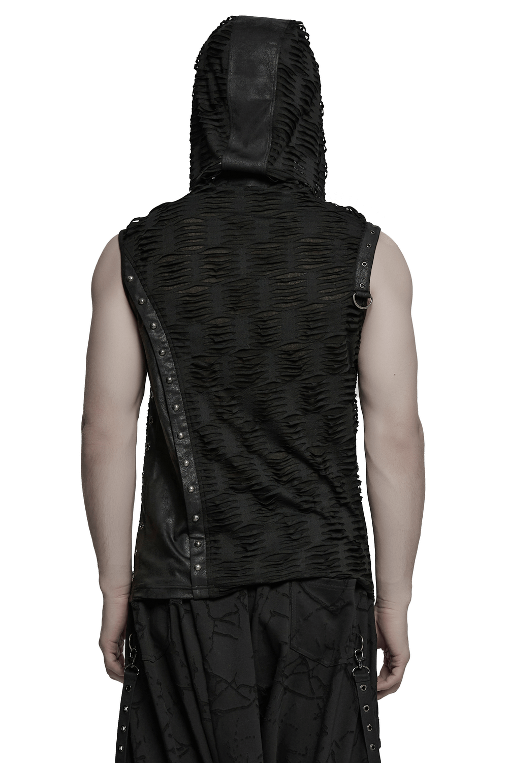Back view of punk asymmetrical sleeveless hooded top with rivets and tattered fabric, showcasing edgy streetwear style.