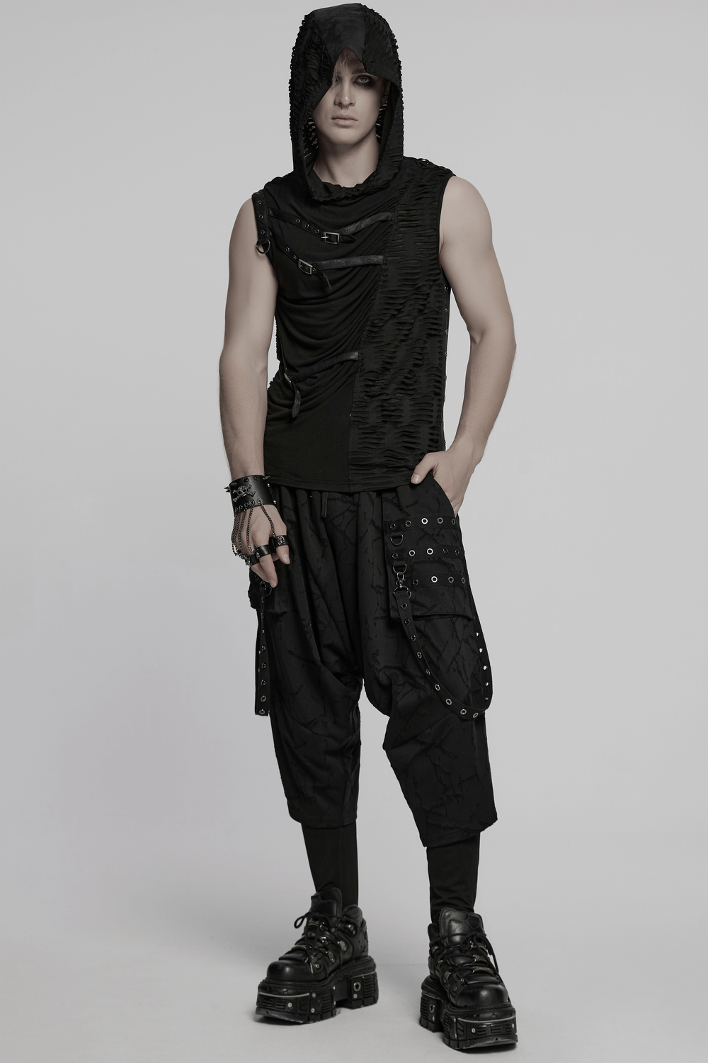 Punk asymmetrical splicing hooded top with rivets, featuring stylish draping and edgy accessories in dark fashion.