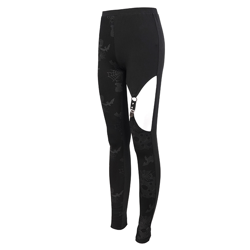 Punk asymmetrical black leggings with spider and bat print, featuring unique cutout design and stylish buckle.