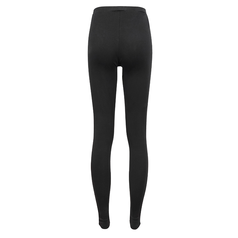 Back view of women's black asymmetrical leggings, showcasing punk fashion style and form-fitting design.
