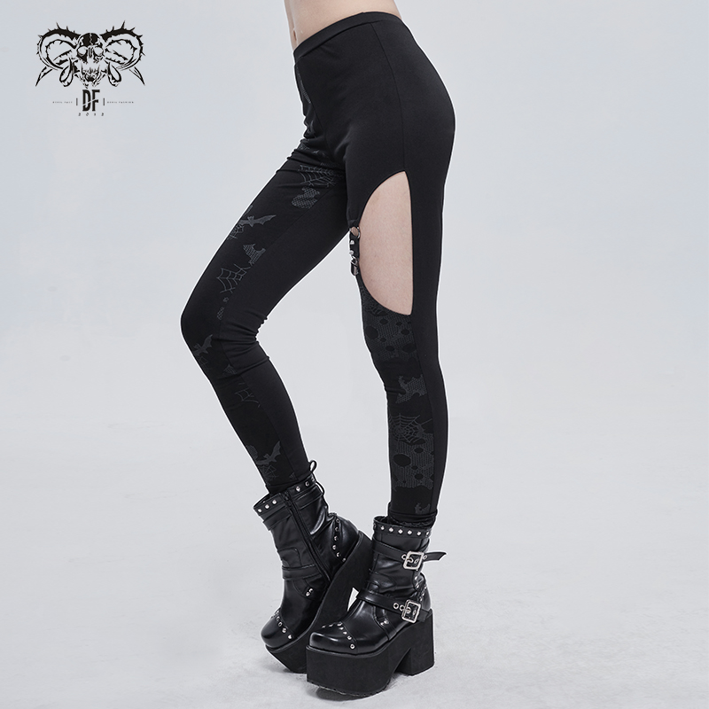 Punk Asymmetrical Stretch Trousers with Print for Lady / Fashion Women‘s Black Leggings - HARD'N'HEAVY