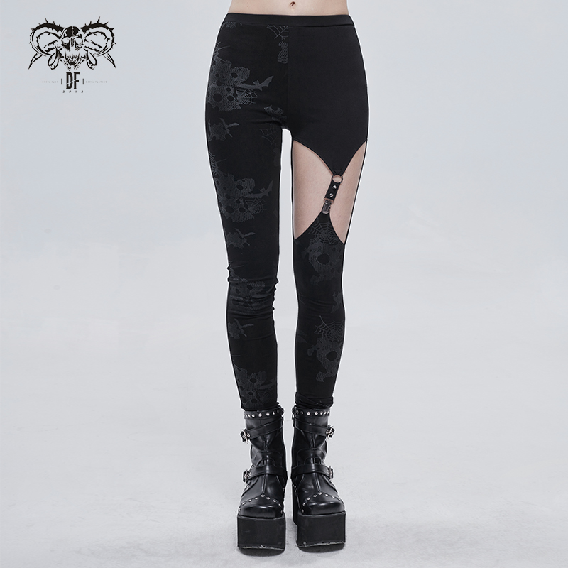 Punk asymmetrical black leggings with print, featuring a unique cut and stylish details, perfect for edgy women's fashion.