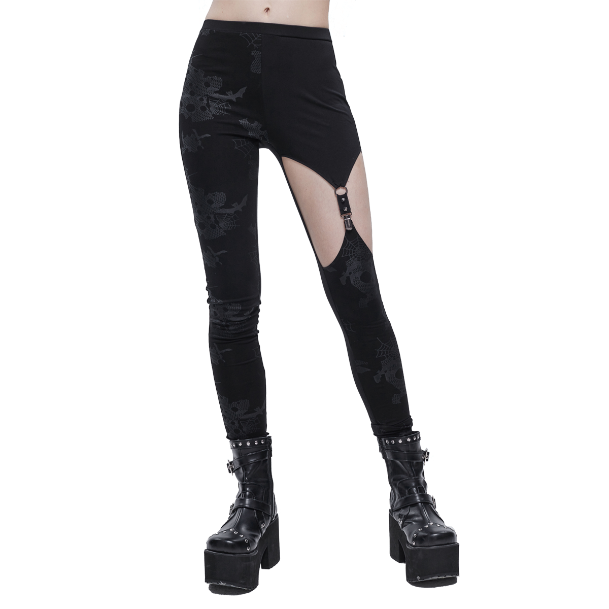 Punk Asymmetrical Stretch Trousers with Print for Lady / Fashion Women‘s Black Leggings - HARD'N'HEAVY