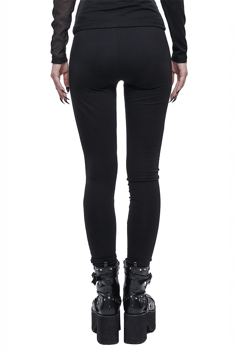 Punk Asymmetrical Stretch Trousers with Print for Lady / Fashion Women‘s Black Leggings - HARD'N'HEAVY