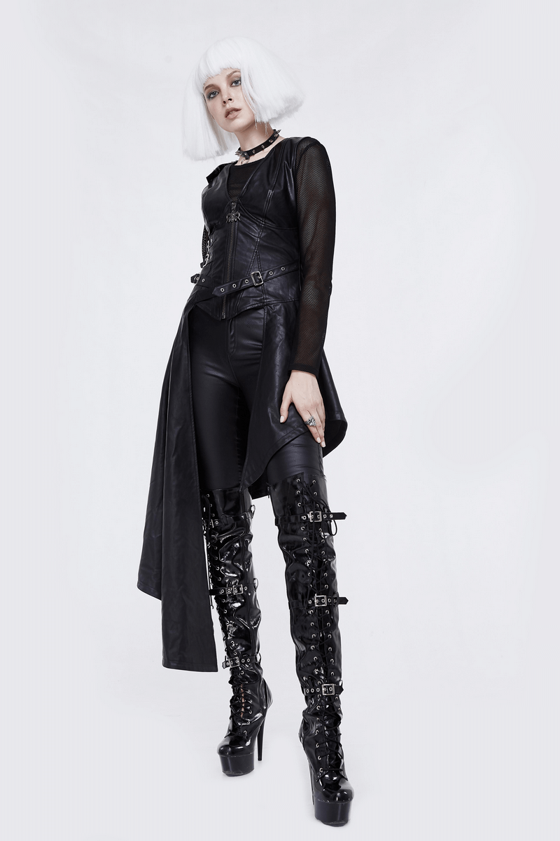 Model showcasing a punk asymmetrical black PU leather dress with spikes, paired with stylish thigh-high boots.
