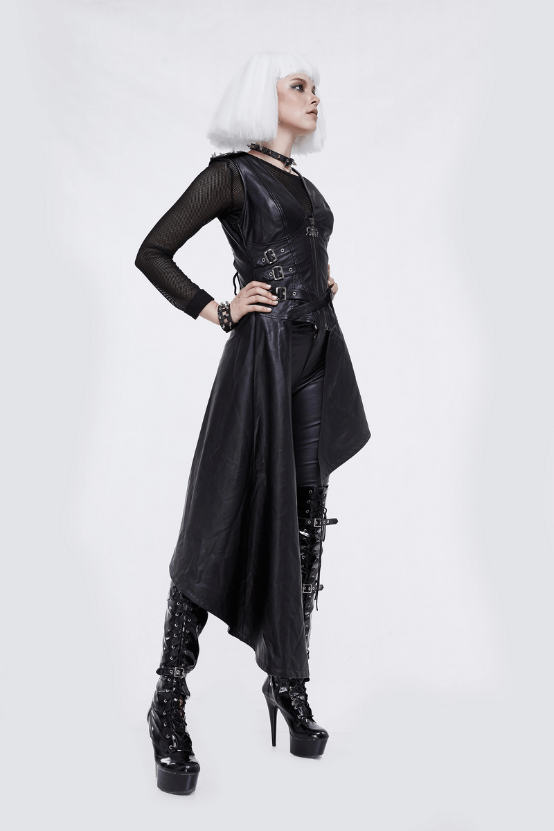 Model showcasing a punk asymmetrical black PU leather dress with spiked rivets and stylish tall boots.