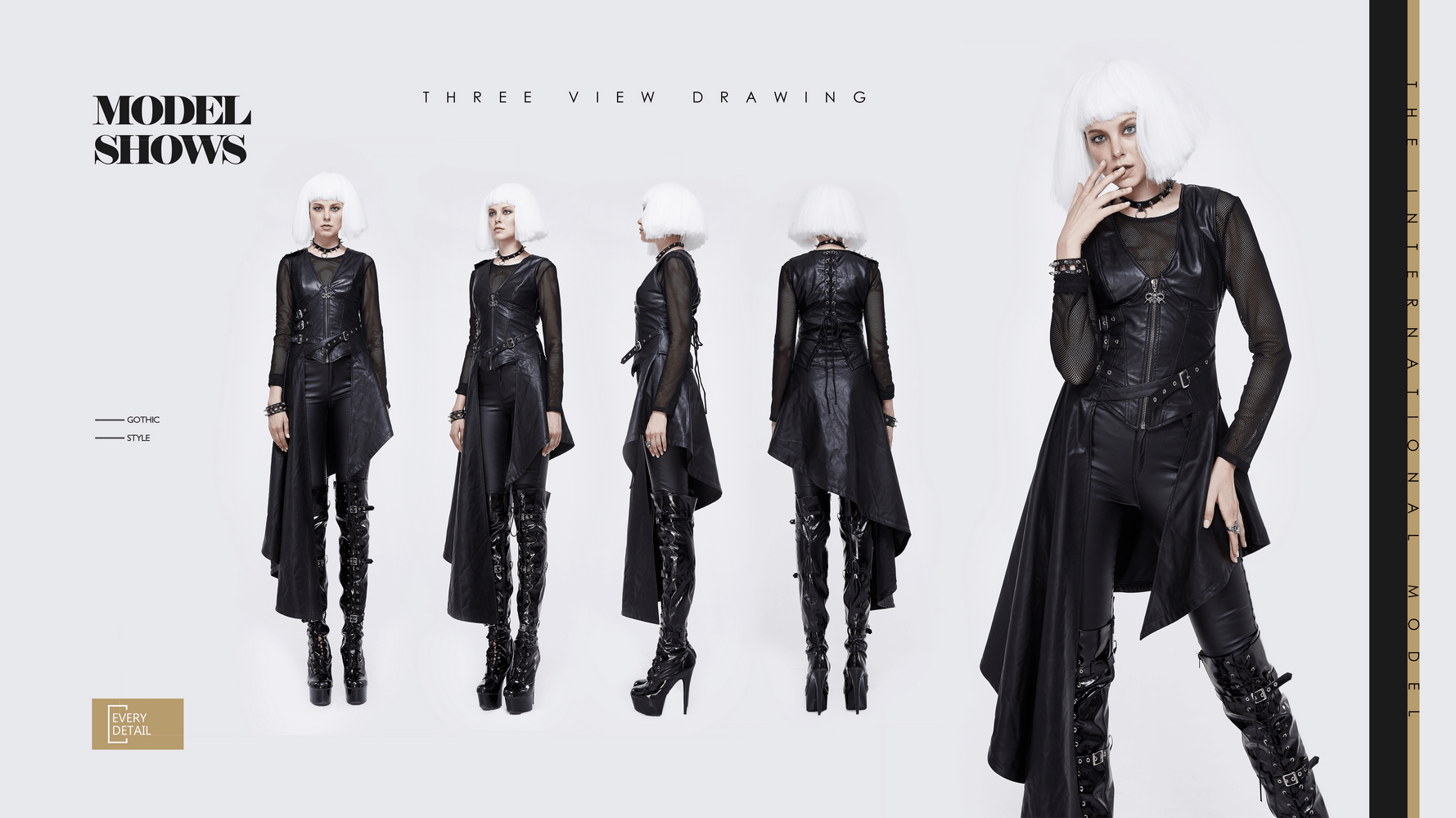 Three view drawing of a stylish women's black asymmetrical PU leather dress with spiked rivets and heels.