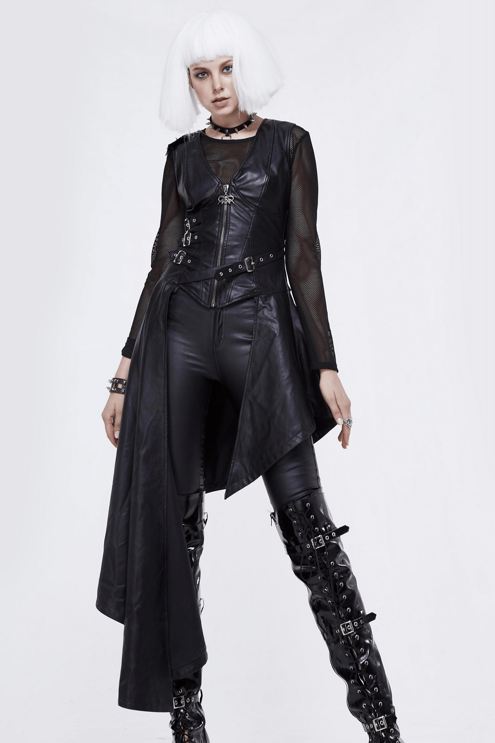 Punk women's asymmetrical black dress with spiked rivets, featuring a stylish long coat design and bold accessories.