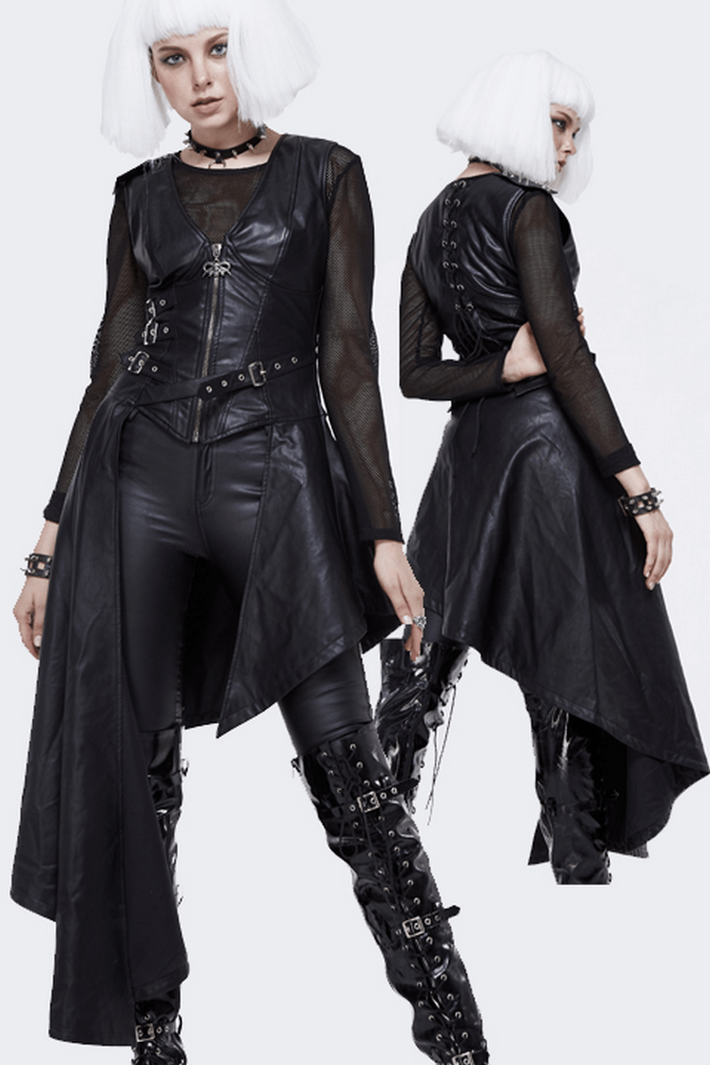 Punk-style black asymmetrical dress with spiked rivets, modeled by a model with white hair.