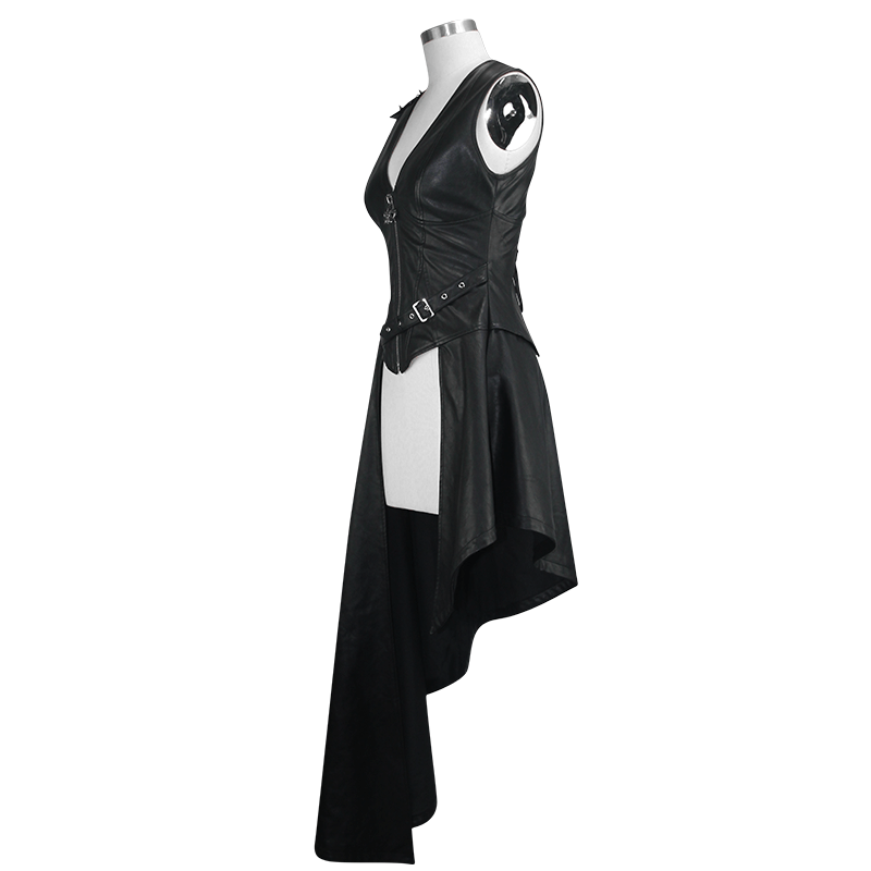Stylish women's black asymmetrical PU leather dress with spiked rivets and silver zipper, perfect for punk fashion.