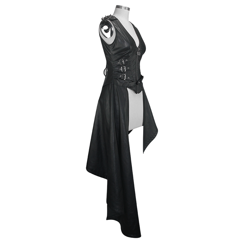 Women's punk asymmetrical black PU leather dress with spiked rivets and silver zipper, showcasing edgy fashion.