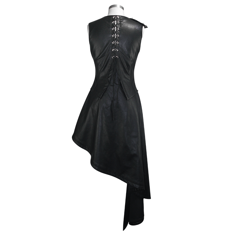 Back view of women's punk asymmetrical black PU leather dress with silver zipper and lace-up detailing.