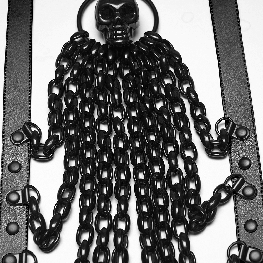 Punk Bat Skull Chain Harness with Detachable Bow showcasing skull details and chains.