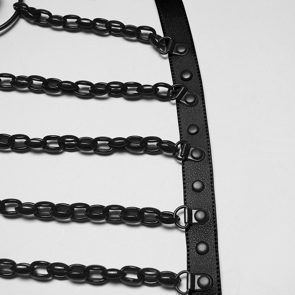 Punk Bat Skull Chain Harness with Detachable Bow showing eco-friendly leather and bone-like chains.