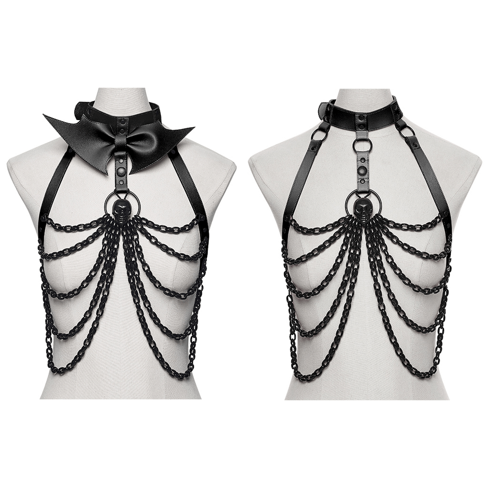Punk Bat Skull Chain Harness with Detachable Bow featuring gothic skull chains and eco-friendly leather design.