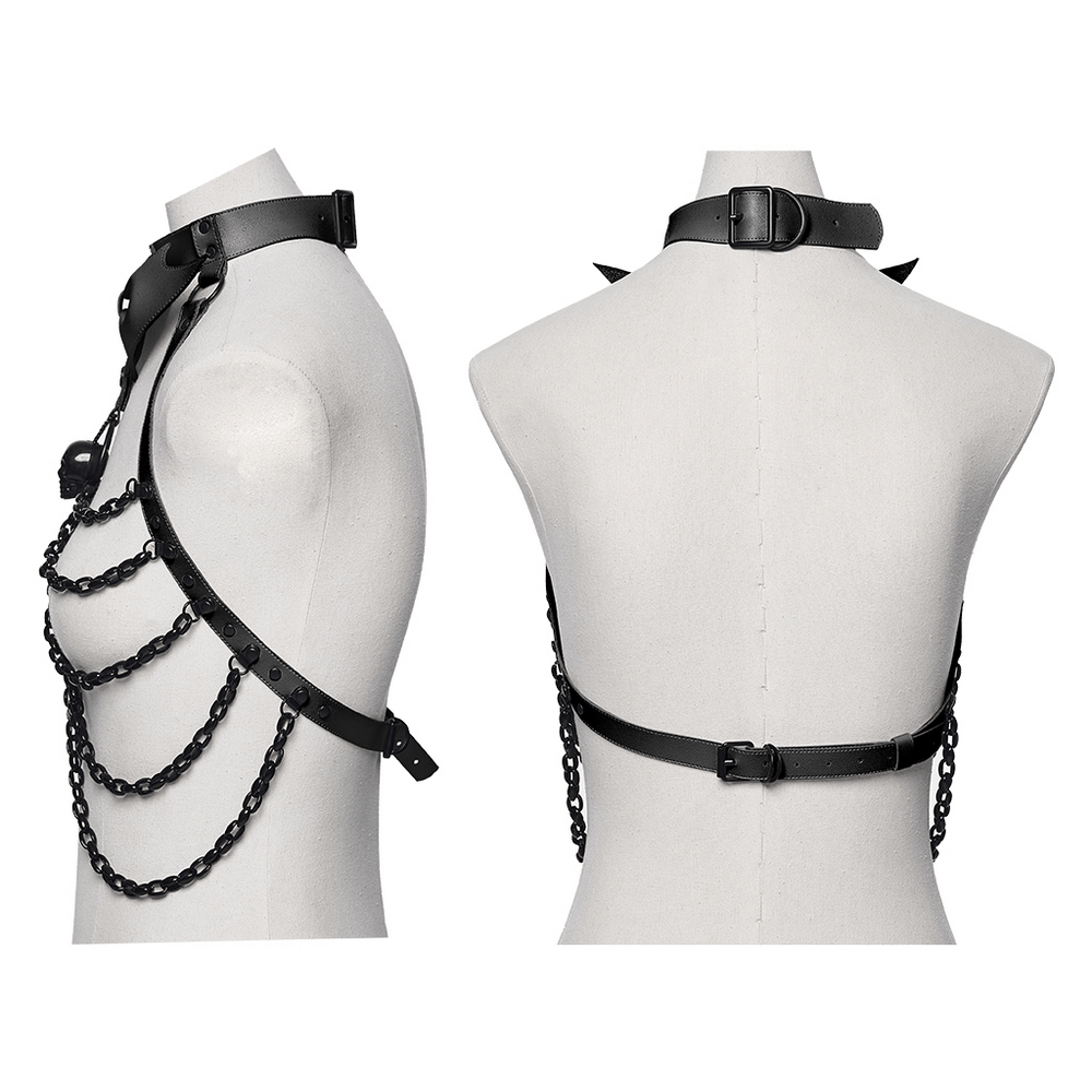 Punk Bat Skull Chain Harness with Detachable Bow showcasing faux leather and chain details on a mannequin.