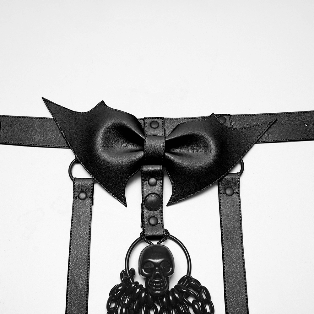 Punk Bat Skull Chain Harness with Detachable Bow showcasing stylish chains and bold black bow detail.
