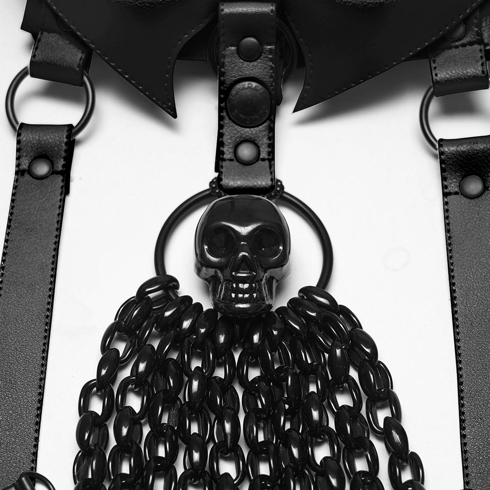 Punk Bat Skull Chain Harness with Detachable Bow featuring skull detailing and bone-like chains.