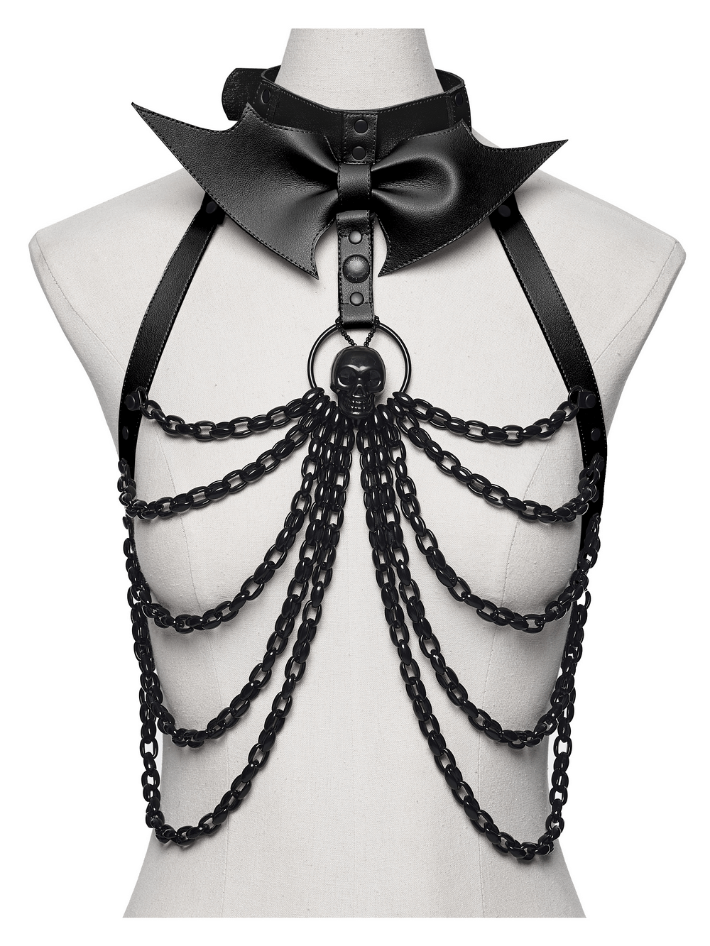 Punk Bat Skull Chain Harness with Detachable Bow showcasing black chains and collar.