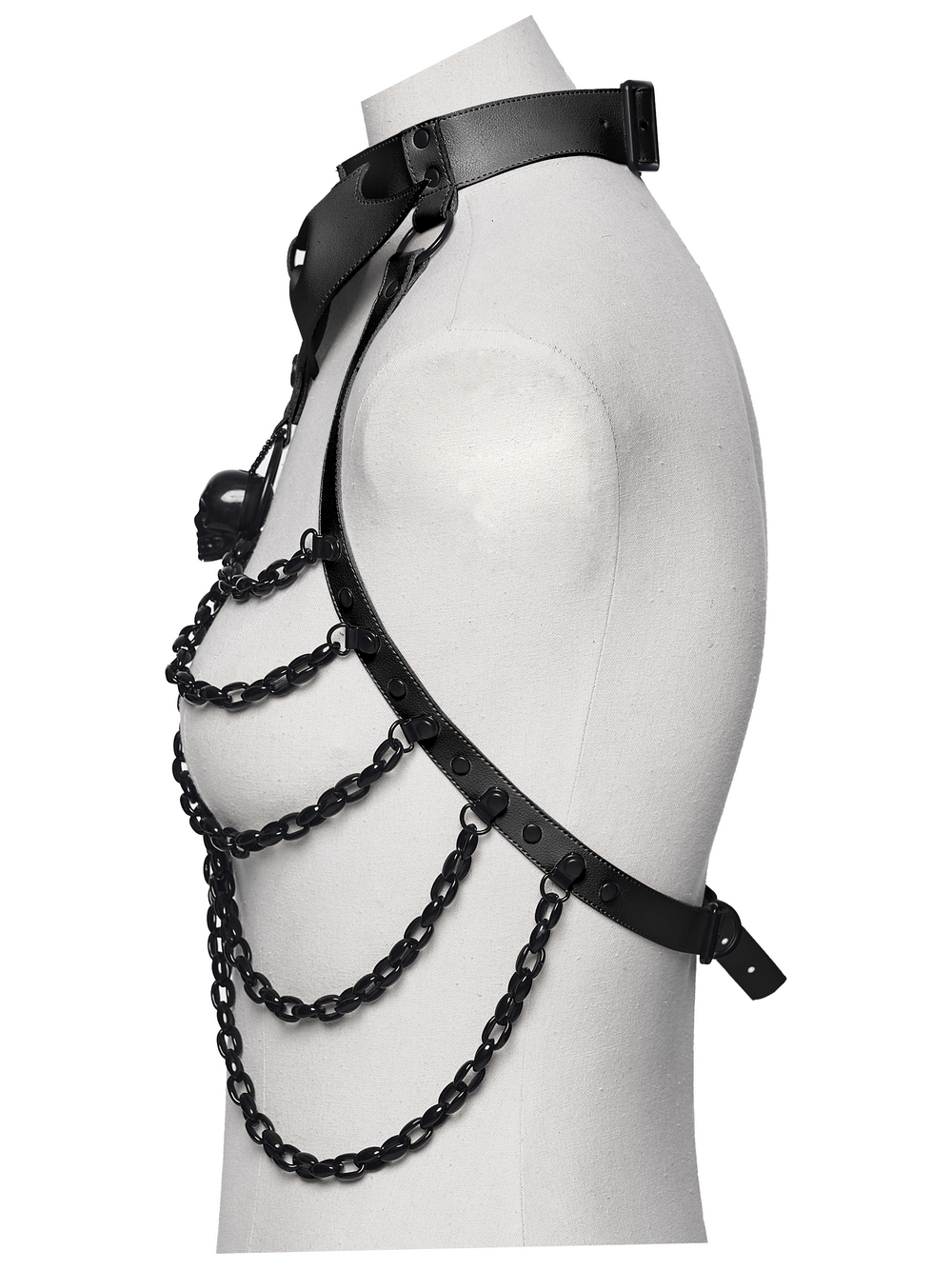 Punk Bat Skull Chain Harness with Detachable Bow showcasing chains and skull details, perfect for alternative fashion.