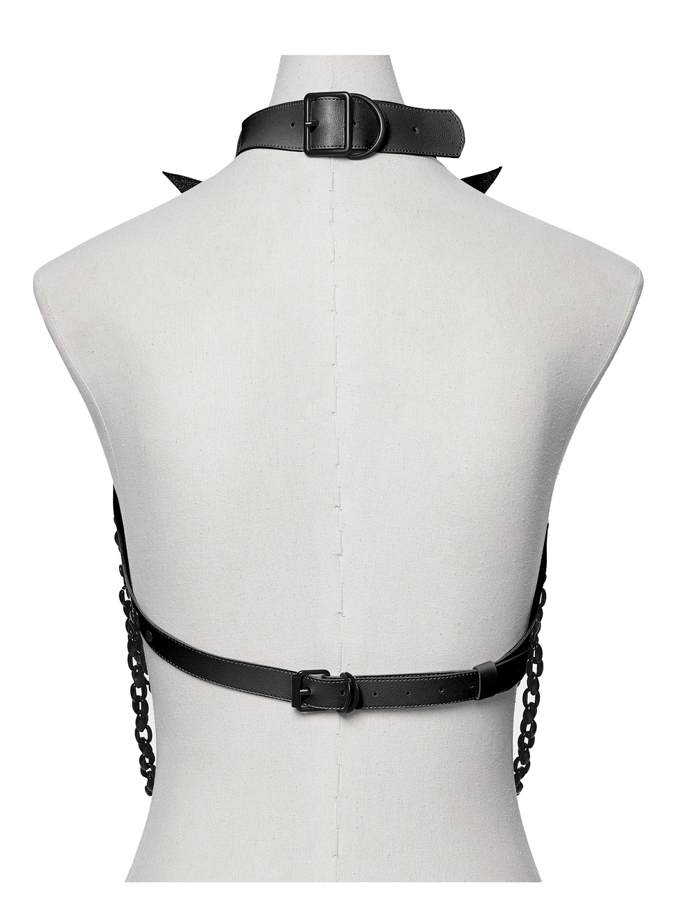 Punk Bat Skull Chain Harness with Detachable Bow showcasing the back view of eco-friendly leather and chain design.