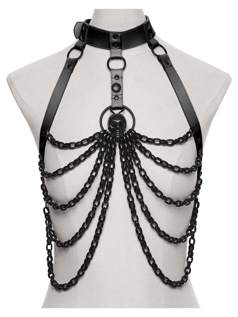Punk Bat Skull Chain Harness with Detachable Bow showcased on mannequin, featuring chains and skull details.