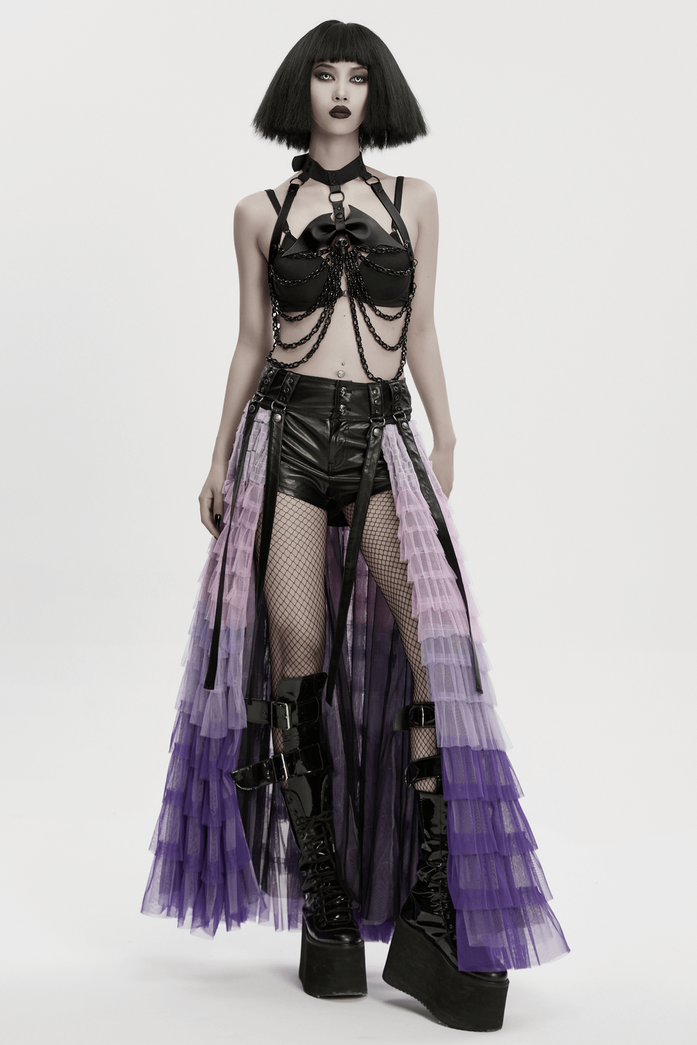 Punk Bat Skull Chain Harness with Detachable Bow showcased on a model in a dramatic gothic outfit.