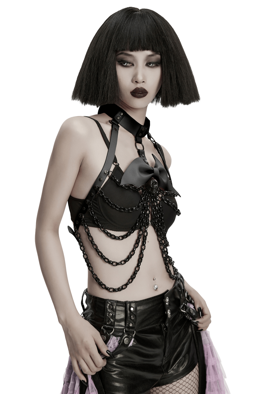 Punk Bat Skull Chain Harness with Detachable Bow worn by model, showcasing gothic style and edgy fashion.