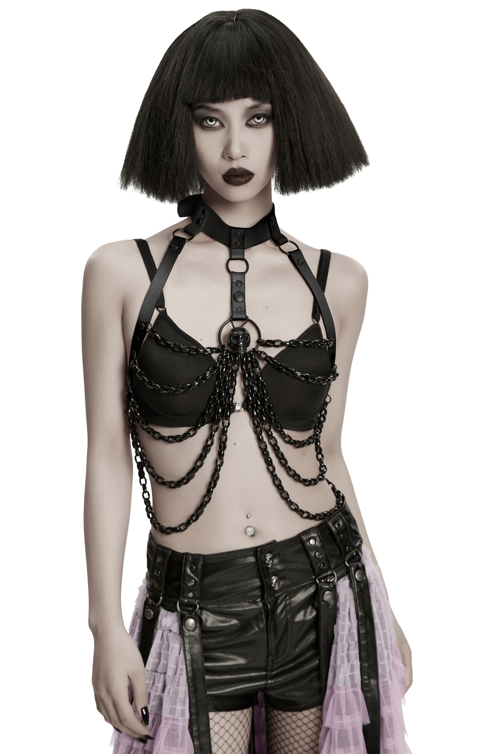 Punk Bat Skull Chain Harness with Detachable Bow worn by a model, showcasing gothic flair with chains and stylish design.