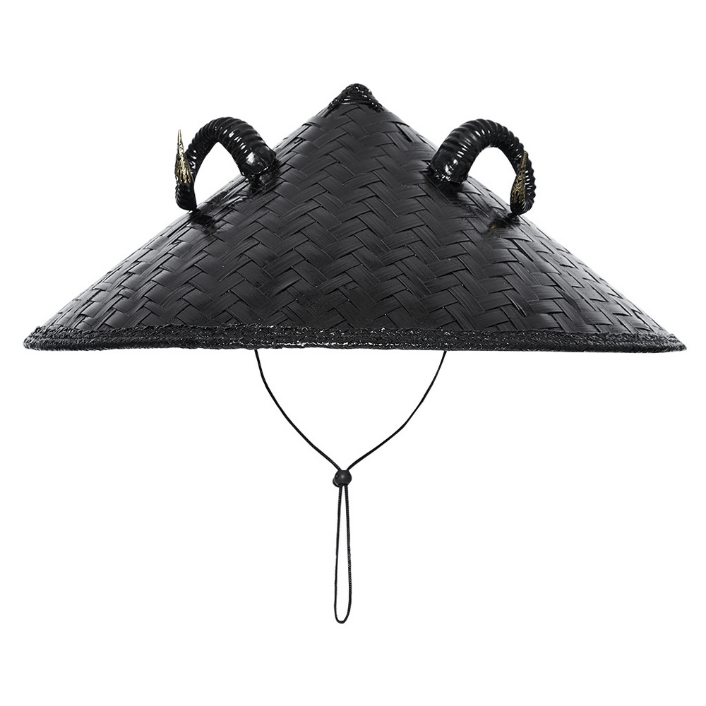 Punk black bamboo conical hat with horn accents, perfect for dark aesthetics and sun protection.