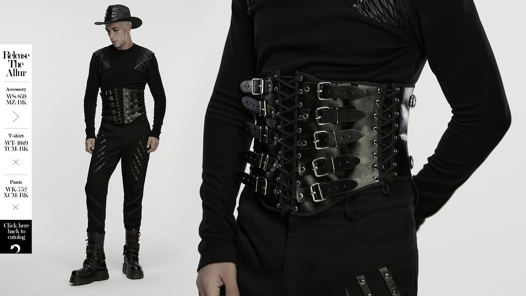 Punk Black Corset Belt with Buckles and Laces worn by a model, styled with edgy black outfit and hat.