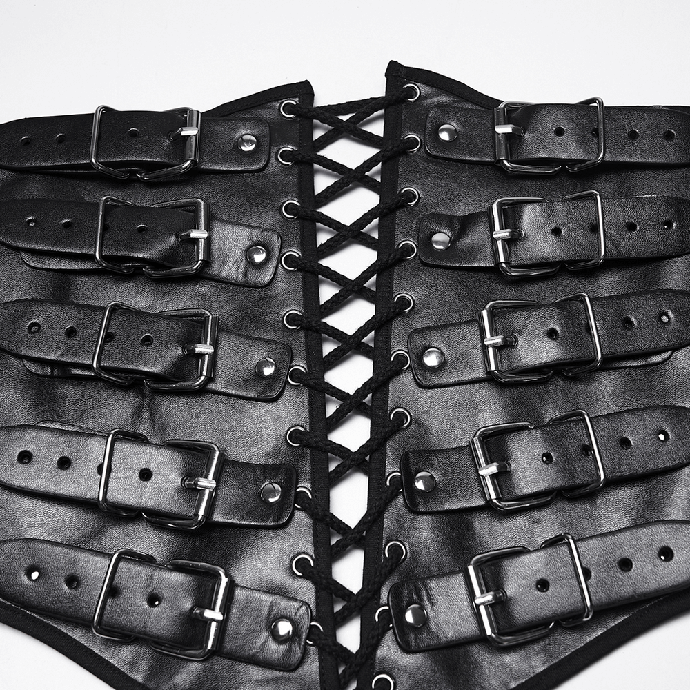 Punk Black Corset Belt with Buckles and Laces showcasing bold buckle details and stylish lace-up design.