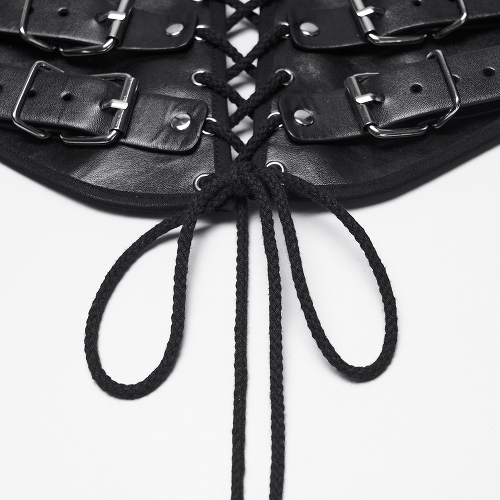 Close-up of Punk Black Corset Belt with Buckles and Laces showcasing buckles and lace-up details.
