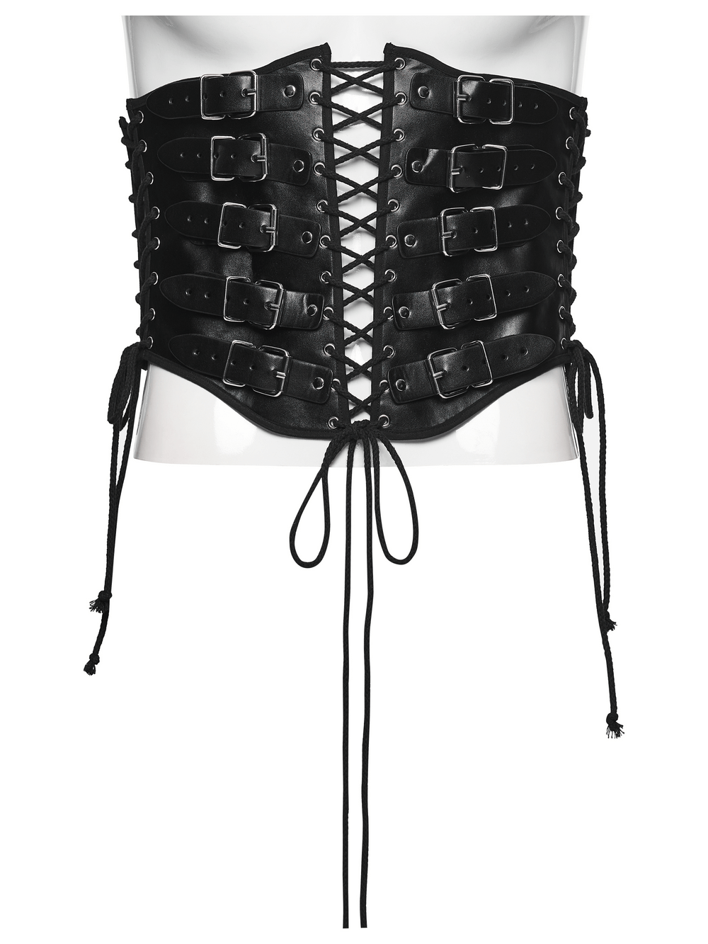 Punk Black Corset Belt with Buckles and Laces, featuring bold buckles and a lace-up back design.